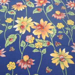 Blue with Flowers and Ladybugs Poly Cotton Fabric