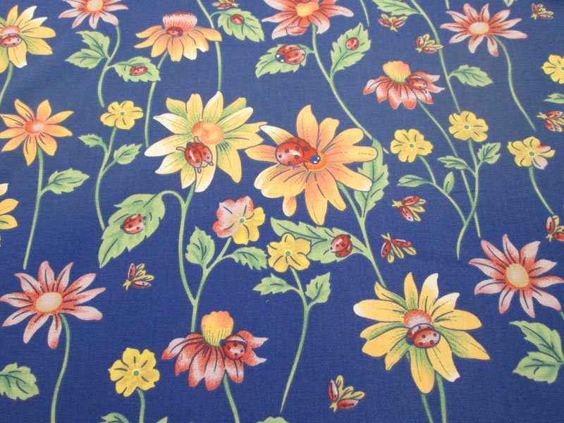 Blue with Flowers and Ladybugs Poly Cotton Fabric