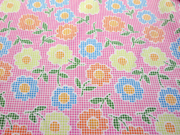 Pink Checks with Flowers Poly Cotton Fabric